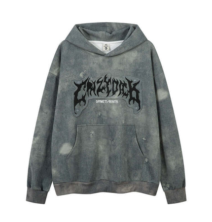 Letter Applique Washed Hoodie – Loose Fit with bold graphic design on a grey background, perfect for casual streetwear.