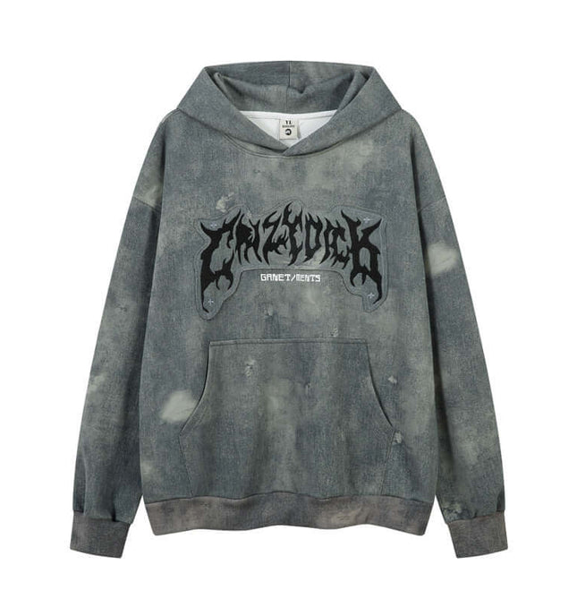 Letter Applique Washed Hoodie – Loose Fit with bold graphic design on a grey background, perfect for casual streetwear.