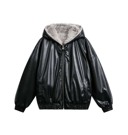 Oversized Reversible Hooded Parka in black faux leather with fur lining for winter warmth.