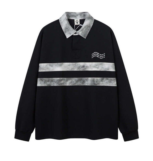 Retro Embroidered Patchwork Polo Hoodie featuring a black design with a stylish collar and patchwork detailing.