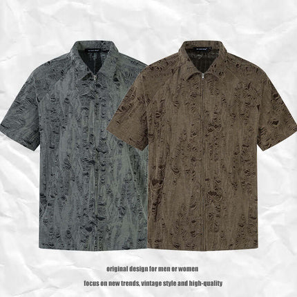 Distressed Short Sleeve Shirt - Loose Fit in grey and brown, featuring vintage design and high-quality fabric.