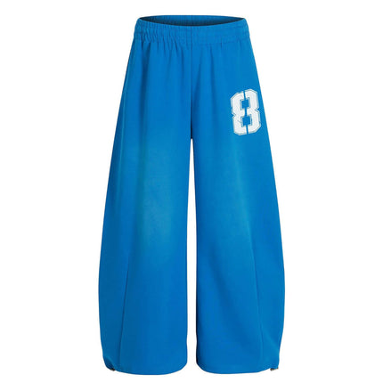 Casual Letter Print Wide-Leg Knife Pants in blue with bold number print for a trendy streetwear look.