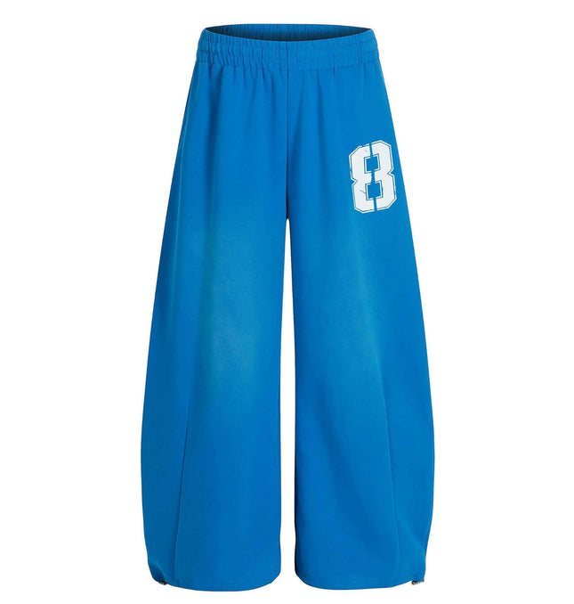 Casual Letter Print Wide-Leg Knife Pants in blue with bold number print for a trendy streetwear look.