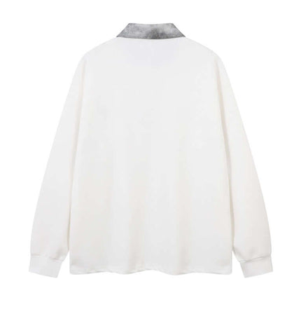 Back view of Retro Embroidered Patchwork Polo Hoodie showcasing the collar and patchwork details.