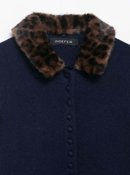 Close-up fabric and fit of Animal Print Collar Knitted Jacket