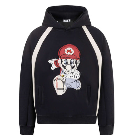 Retro Cartoon Patchwork Hoodie – Loose Fit featuring playful graphics and a stylish color-block design.