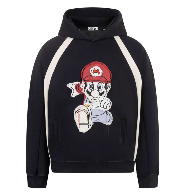 Retro Cartoon Patchwork Hoodie – Loose Fit featuring playful graphics and a stylish color-block design.