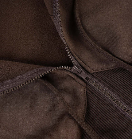 Solid Color Zip Hoodie – Casual Fit close-up views of zipper and fabric details in brown color.
