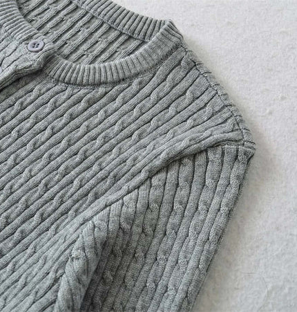 Round Neck Half-Button Knit Sweater in soft gray texture with half-button placket and ribbed neckline.