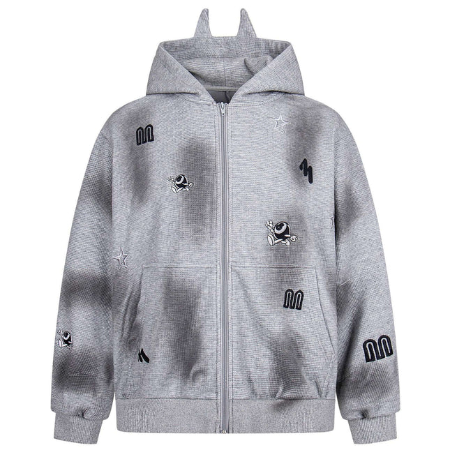 Distressed Letter Zip Hoodie - Loose Fit featuring gray fabric with playful embroidery and zip closure.