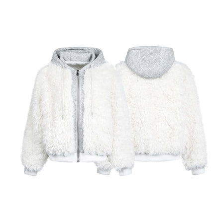 Wool Warm Cotton Coat – Loose Fit, stylish fluffy jacket with hood and zip, perfect for winter warmth and comfort.