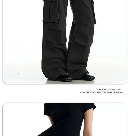 Multi-Pocket Work Pants – Straight Leg Fit in black with practical pockets for casual streetwear style.