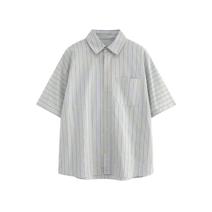 Patch Striped Short Sleeve Shirt - Loose Fit in light blue with turn-down collar and patch pocket.