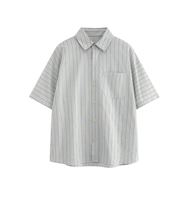 Patch Striped Short Sleeve Shirt - Loose Fit in light blue with turn-down collar and patch pocket.
