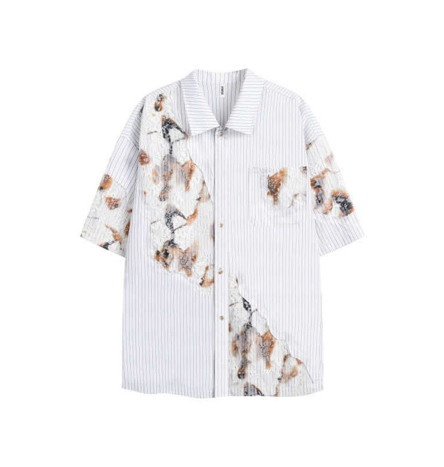 Flame Lace Patchwork Shirt – Loose Fit with artistic patchwork design and flip collar