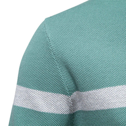 Close-up of Stand Collar Half-Zip Knit Sweater showcasing color-blocked design and knit texture.