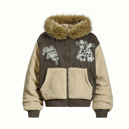 Warm Fur Collar Cotton Jacket with plush fur collar and cute cartoon design, perfect for winter style.