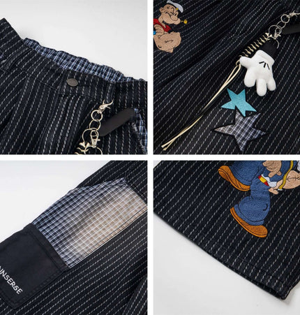 Retro Striped Embroidery Trousers - Loose Fit with embroidered patchwork and bold striped design details.