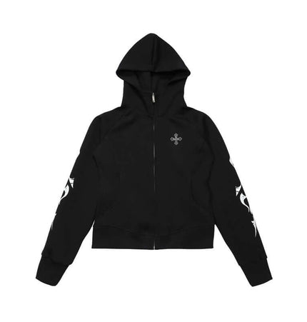 Vintage Gothic Zip-Up Hoodie – Slim Fit featuring bold printed designs and a high neck zipper closure.