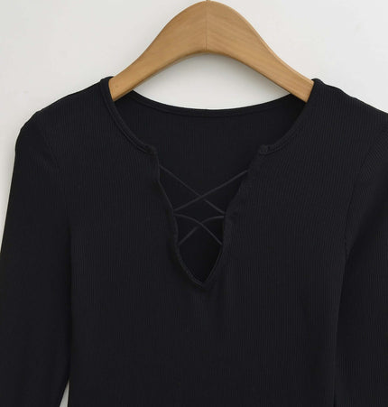 Schmal geschnittenes Träger V-Ausschnitt Langarmtop