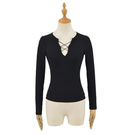 Schmal geschnittenes Träger V-Ausschnitt Langarmtop