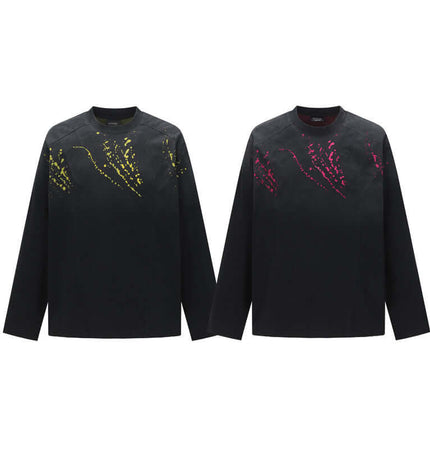 Ripped Gradient Long Sleeve TShirt in bold colors features abstract gradient design and ripped detailing.