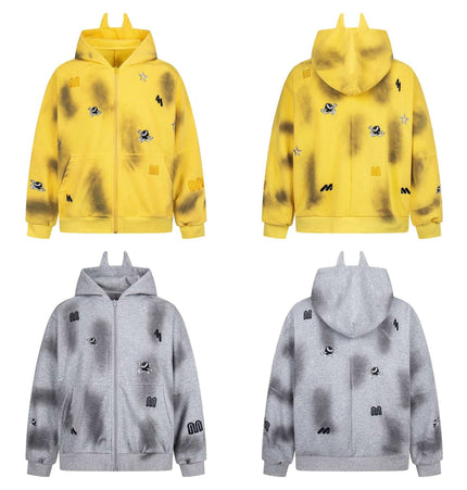 Distressed Letter Zip Hoodie - Loose Fit in yellow and grey with playful embroidery and a relaxed fit