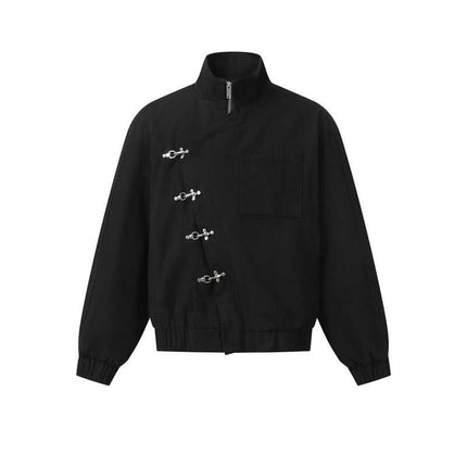 Stand Collar Casual Jacket – Loose Fit in black with a functional design, featuring a stand collar and zipper closure.