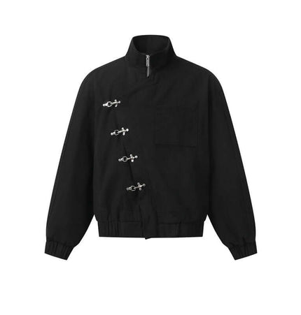 Stand Collar Casual Jacket – Loose Fit in black with a functional design, featuring a stand collar and zipper closure.