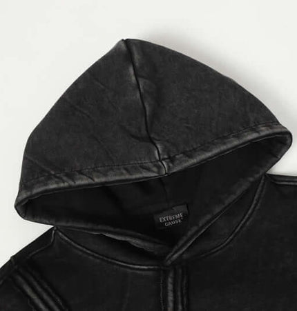 Stripe Patchwork Hoodie – Loose Fit showcasing hood detail and textured fabric.