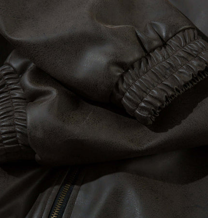 Detail view of the cuffs on the Wool Collar PU Pilot Jacket – Loose Fit, showcasing its premium PU leather craftsmanship.