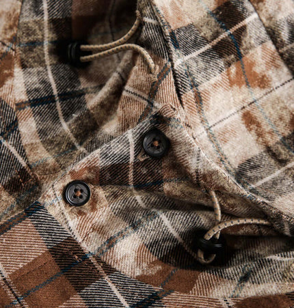 Checkered Hooded Plaid Shirt – Loose Fit fabric close-up showing detailed plaid pattern and buttons.