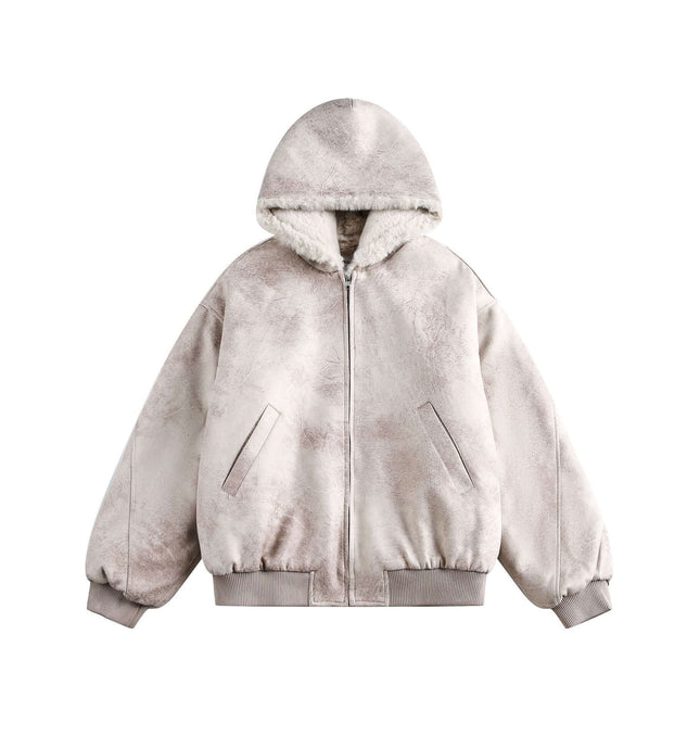 Crack Pattern Leather Jacket – Loose Fit in light gray with hood and zipper closure, showcasing cozy style.