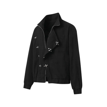 Stand Collar Casual Jacket – Loose Fit in black with unique button details and stand collar design.