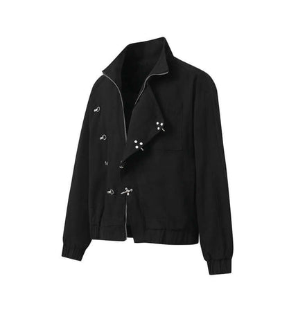 Stand Collar Casual Jacket – Loose Fit in black with unique button details and stand collar design.