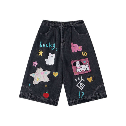 Black washed cute dog patchwork pants with Grozavu logo