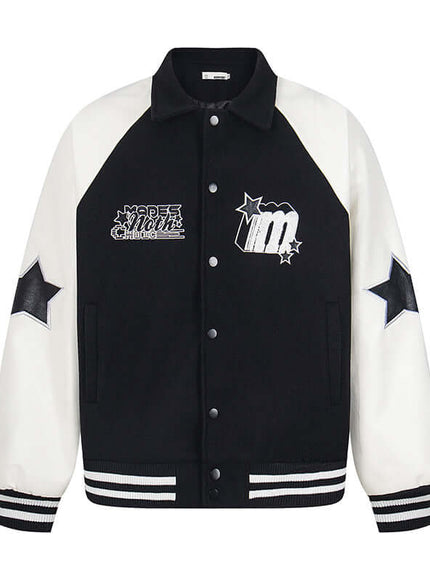 Model wearing White and Black paneled spliced turn jacket by Grozavu