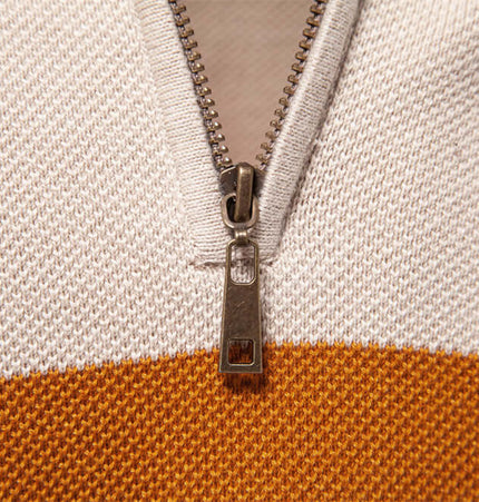 Stand Collar Half-Zip Knit Sweater close-up of half-zip detail and soft fabric texture.