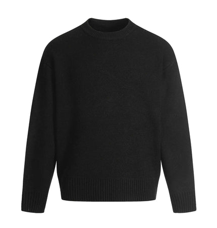 Semi-High Neck Simple Knit Sweater in solid black color with loose-fit silhouette and soft texture.