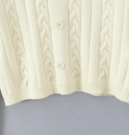 Off-Shoulder Twists Slim Knit Sweater with Fried Dough Twists pattern in soft cream color and button detail.
