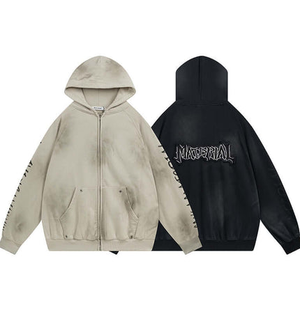 Retro Patchwork Zip Up Hoodie – Loose Fit showcasing front and back views, featuring a vintage wash and bold lettering.