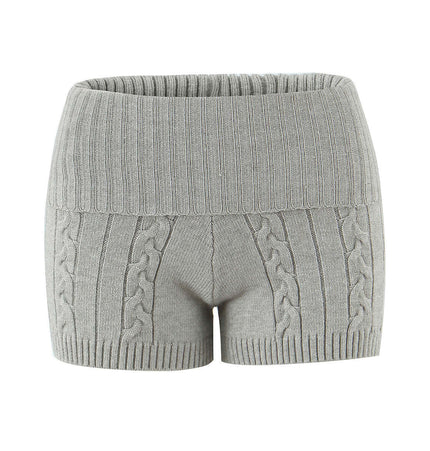 Casual Slim Fit Patterned Wool Shorts in light gray with knit cable design and wide waistband.
