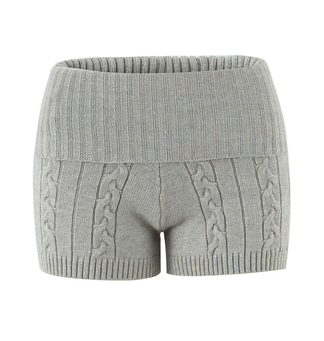 Casual Slim Fit Patterned Wool Shorts in light gray with knit cable design and wide waistband.
