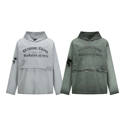 Retro Letter Print Hoodie – Loose Fit in gray and green, featuring distressed effects and urban style.