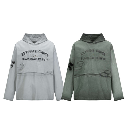 Retro Letter Print Hoodie – Loose Fit in gray and green, featuring distressed effects and urban style.