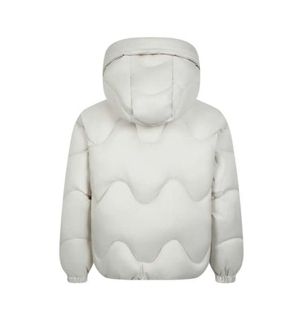 Wave Design Puffer Coat – Loose Fit in beige white, showcasing a unique wave pattern and hooded back design.