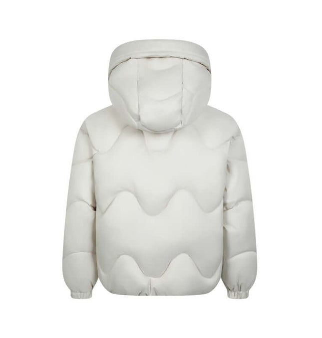 Wave Design Puffer Coat – Loose Fit in beige white, showcasing a unique wave pattern and hooded back design.