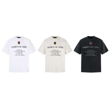 Retro Washed Badge Letter TShirt – Loose Fit in white, cream, and black with bold text design.
