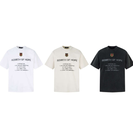 Retro Washed Badge Letter TShirt – Loose Fit in white, cream, and black with bold text design.