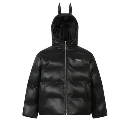Devil Ears Leather Hoodie Jacket – Loose Fit showcasing devil ears and smooth black leather finish.